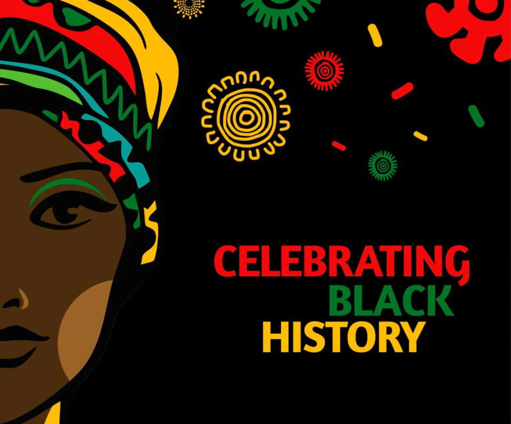 Vibrant wallpaper of woman in traditional African attire with Celebrating Black History text design