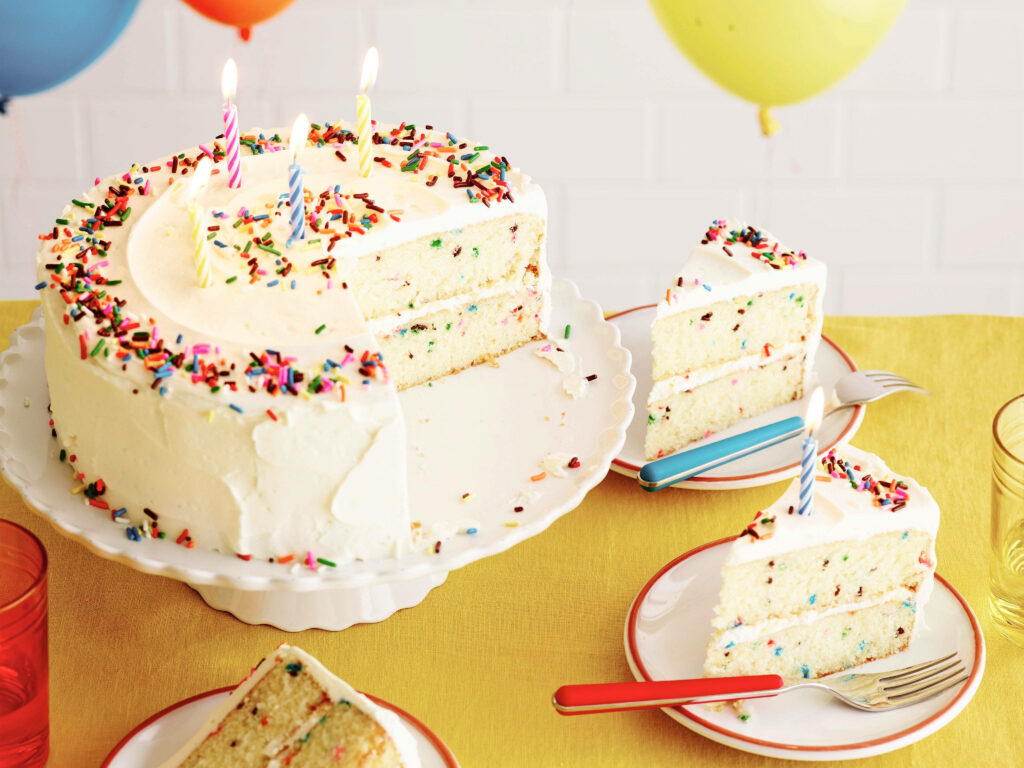 Sweet Delight: Festive Vanilla Birthday Cake with Candy Sprinkle Toppings Wallpaper