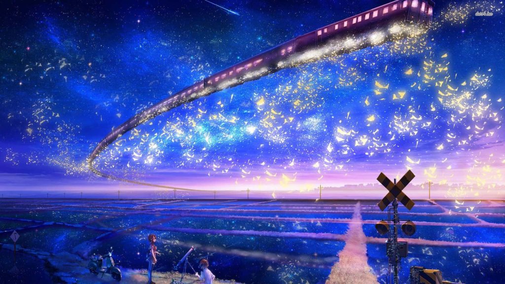 Celestial anime train soars through starry night sky over mirrored cosmic landscape wallpaper background