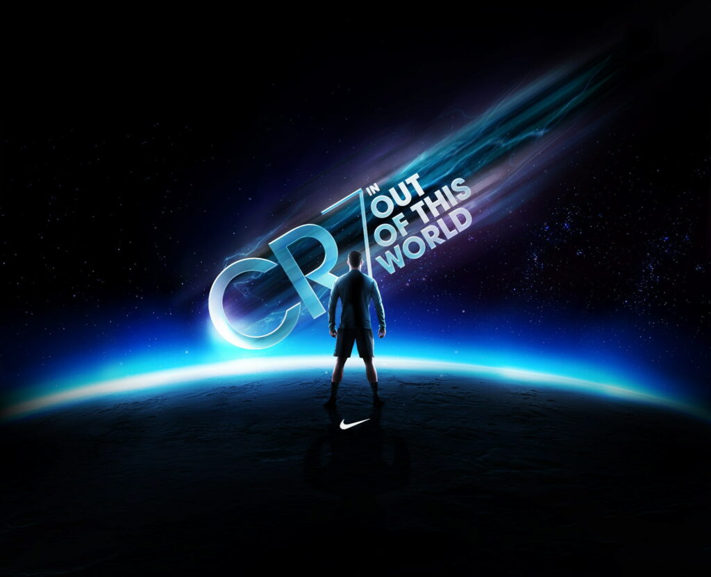 Cristiano Ronaldo CR7 cosmic wallpaper with Nike swoosh and starry space background design