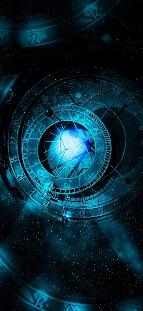 Glowing celestial compass in blue tones on starry cosmic background futuristic navigation wallpaper
