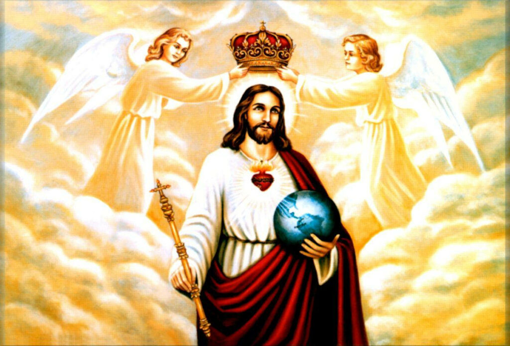 Divine Coronation: A Majestic 4k Portrait of Jesus Graced by Heavenly Angels Wallpaper
