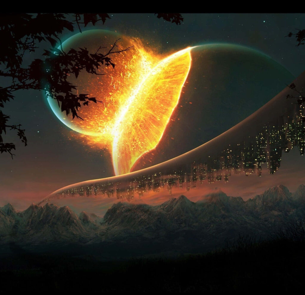 Futuristic cityscape under a glowing cosmic event over serene mountains - captivating wallpaper.