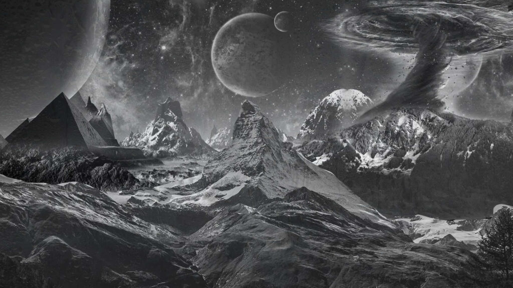 Celestial Playground: Black and White Cosmic Wallpaper Background