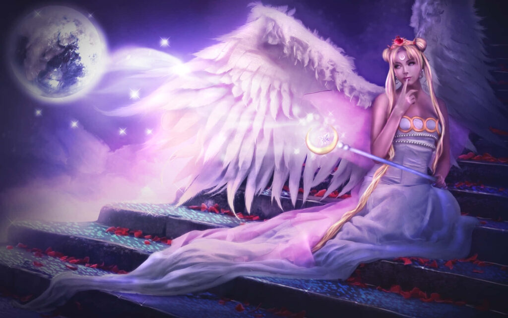 Enchanted Sailor Moon Wallpaper: Angelic Pose & Celestial Glow