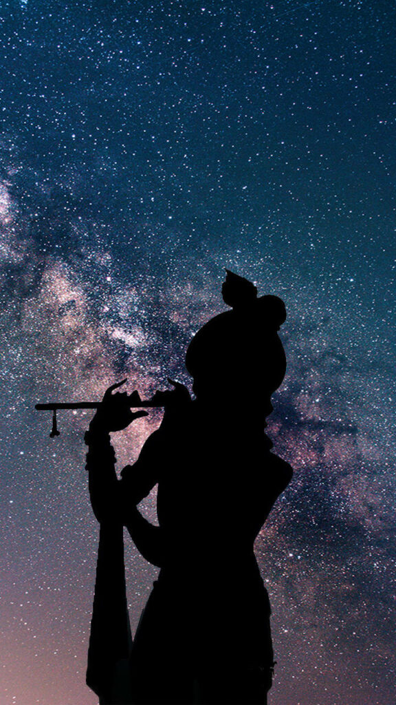 Bansuri Bliss: Lord Krishna Mesmerizes with his Melodies Amidst Twinkling Galaxies - Captivating Krishna Iphone Background Wallpaper