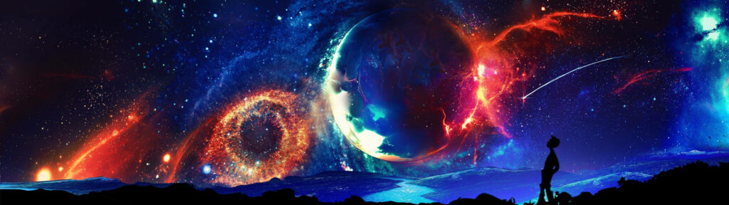 Nightly Spectacle: Mesmerizing Man Embracing a Vibrant Celestial Display on Dual Monitor Wallpaper
