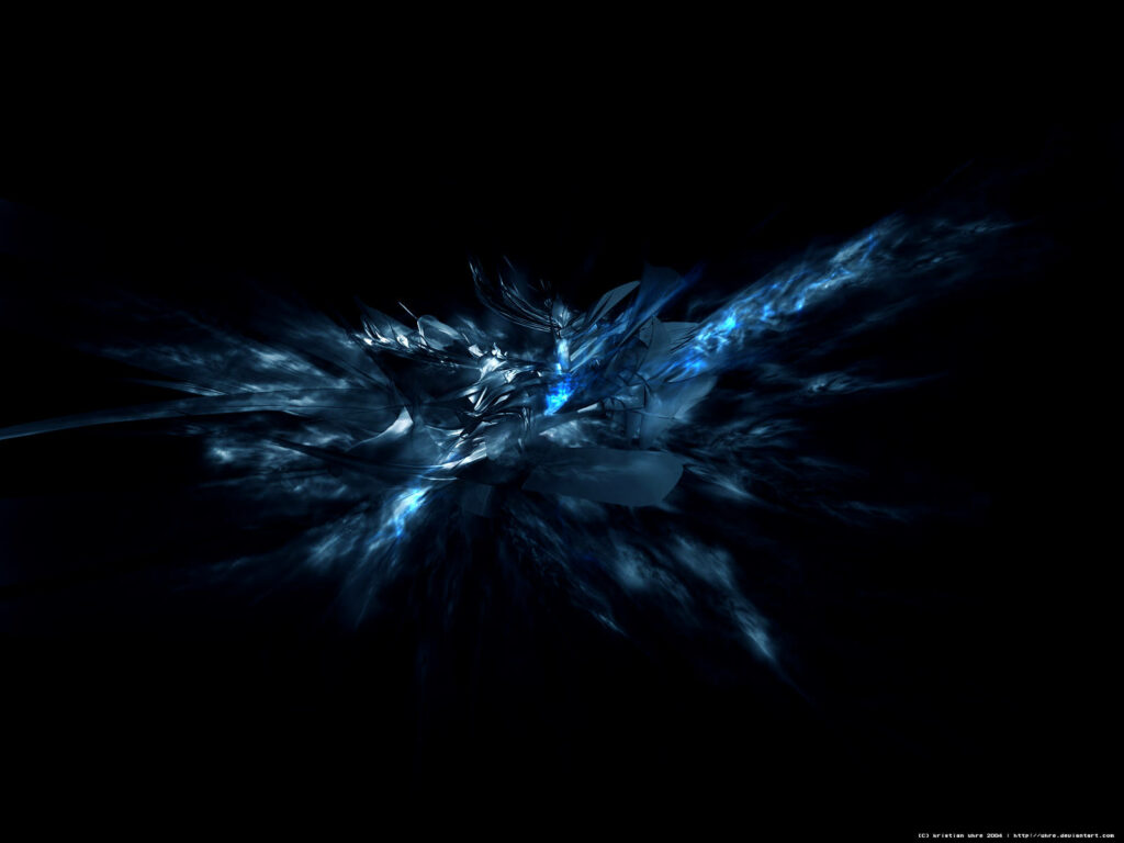 Dynamic Cosmic Explosion: Dark Blue Abstract Matter Enveloped in Lively Blue Cosmic Dust against a Bold Black Canvas Wallpaper
