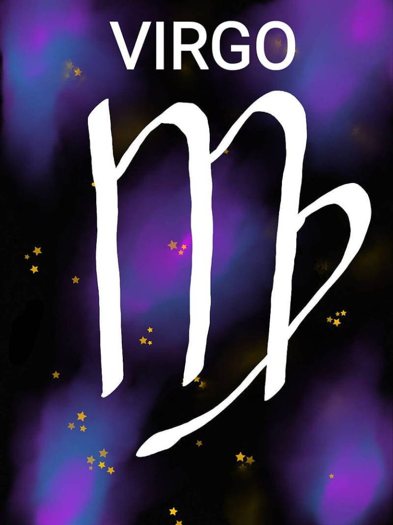 Celestial Virgo zodiac symbol on deep purple blue nebula with golden stars wallpaper background