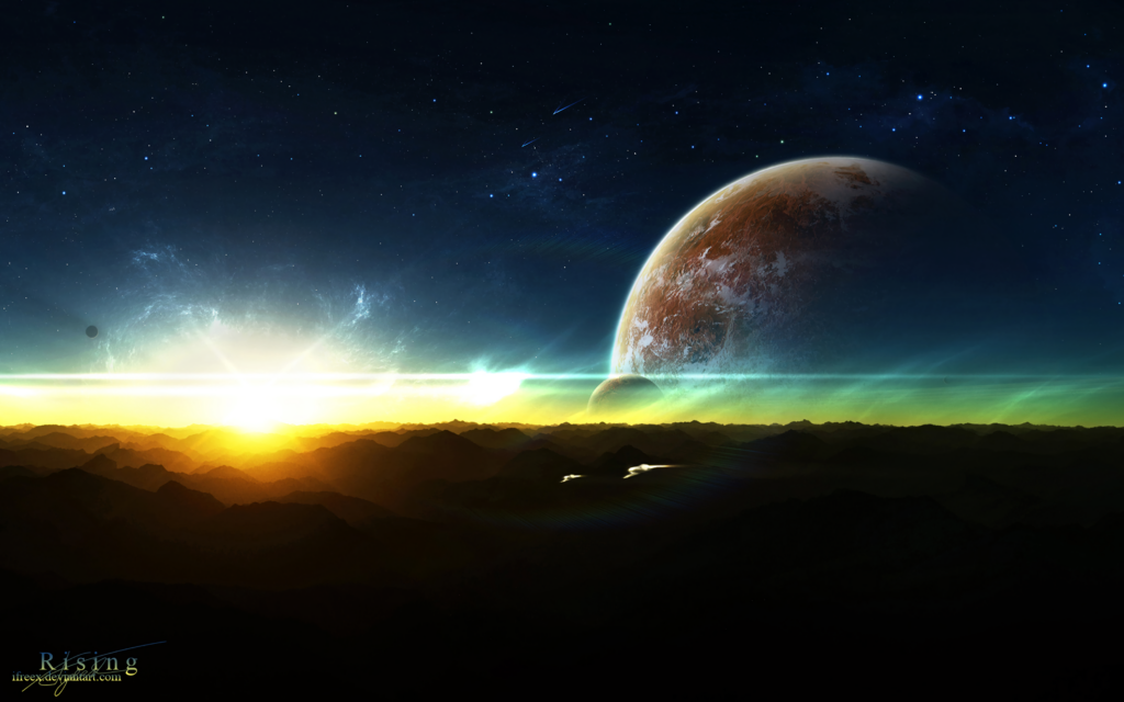 Celestial Wallpaper: Distant Planet & Starry Mountain Horizon