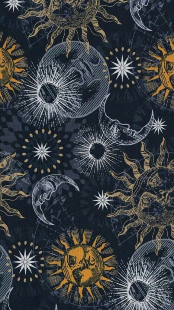 Celestial Wallpaper: Intricate Sun & Moon Design in Gold & Silver