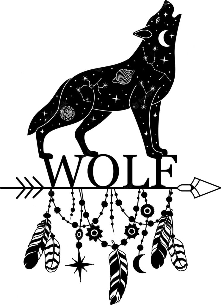 Mystical Wolf Silhouette Wallpaper with Celestial Elements