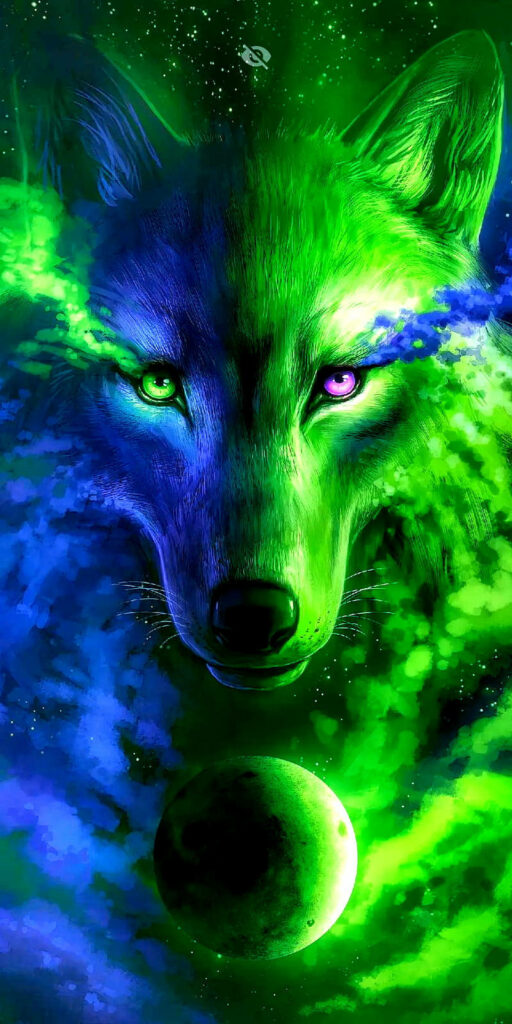 Celestial Wolf Wallpaper: Vibrant Green & Blue Cosmic Design