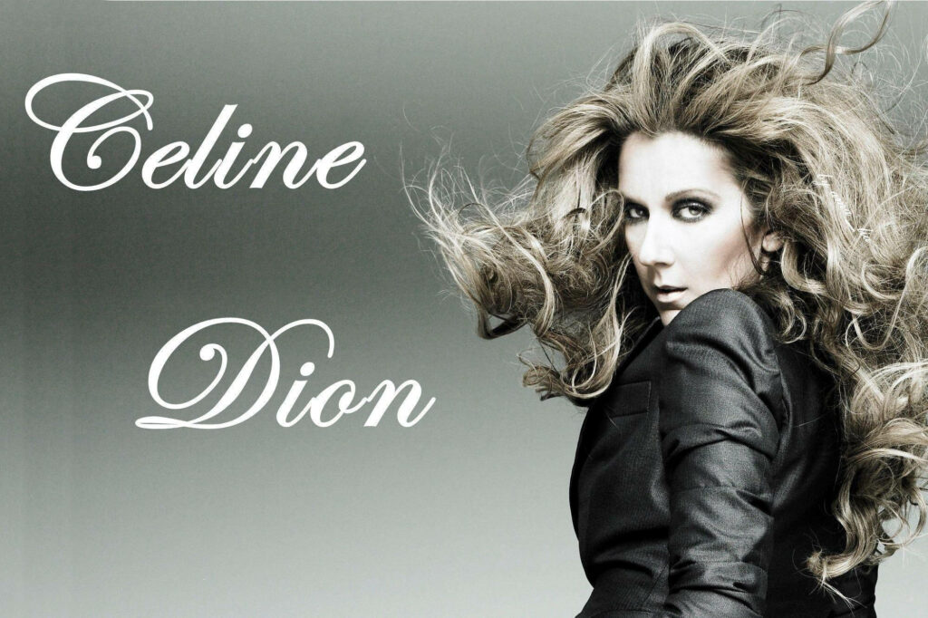 Celine Dion in black leather jacket with voluminous hair and dramatic makeup on soft gradient background Wallpaper