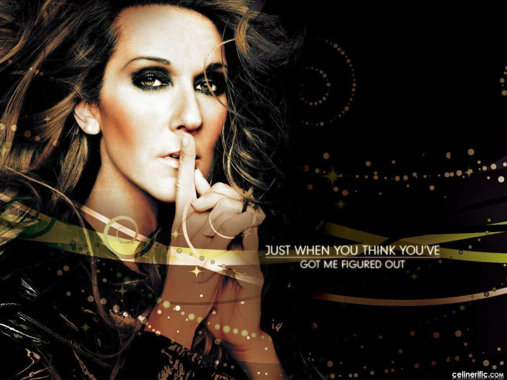 Celine Dion portrait with finger on lips golden brown abstract swirl mysterious elegant wallpaper