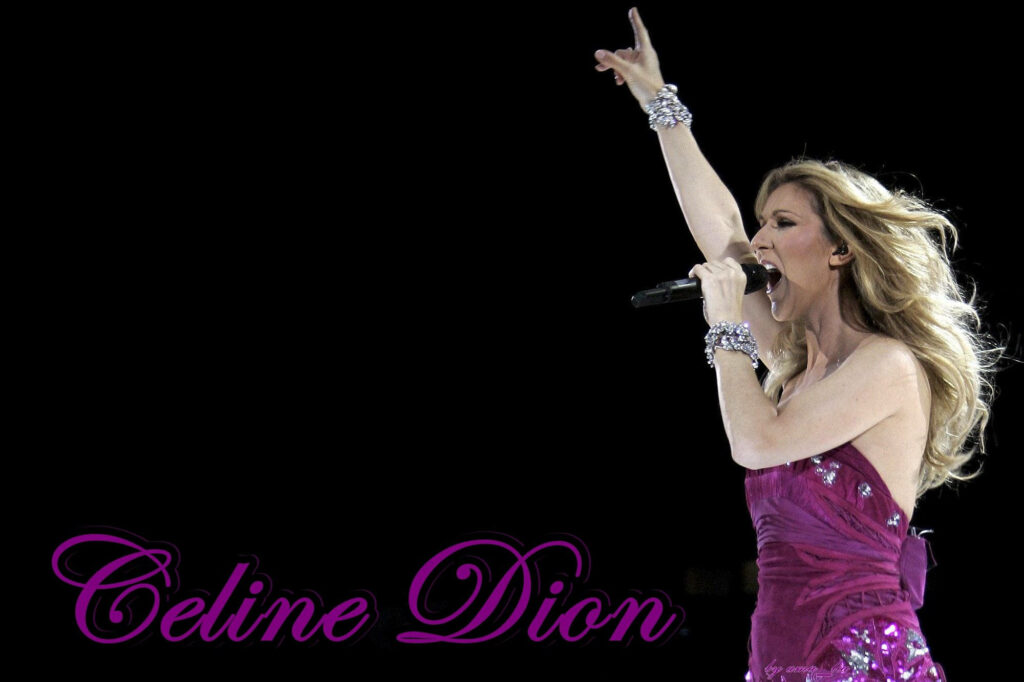 Celine Dion performing live in sparkling purple gown on black background concert wallpaper