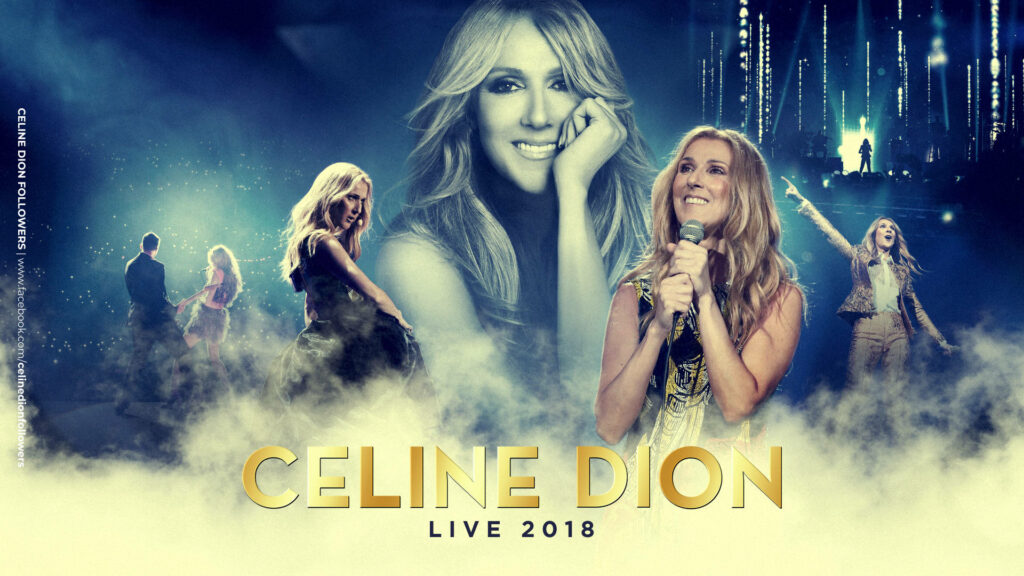 Celine Dion 2018 live concert wallpaper vibrant blue gold tones energetic stage portraits