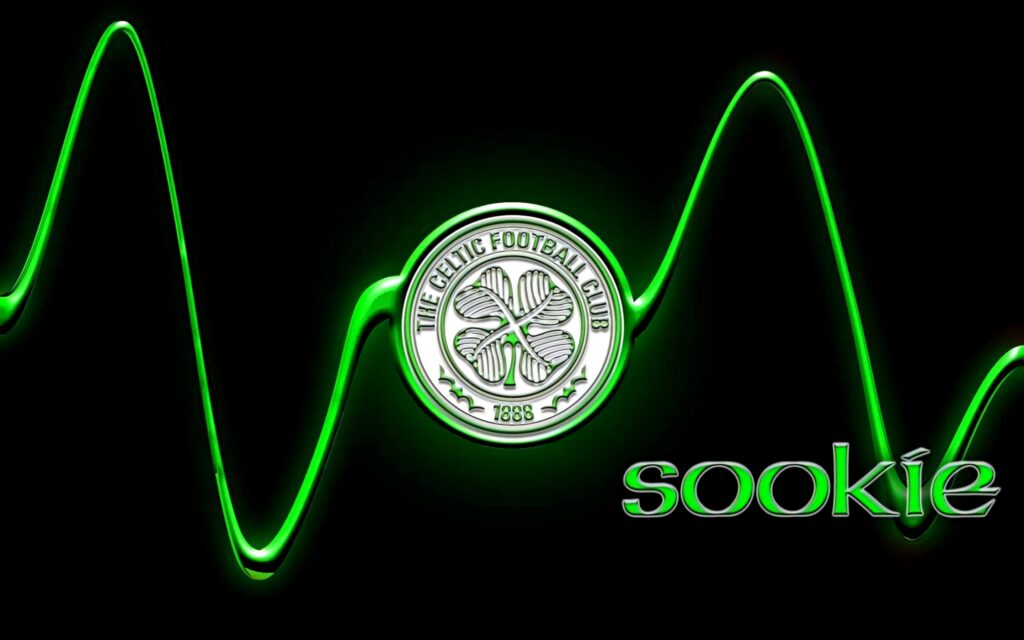 Celtic FC crest with glowing green waveform on black background digital football wallpaper