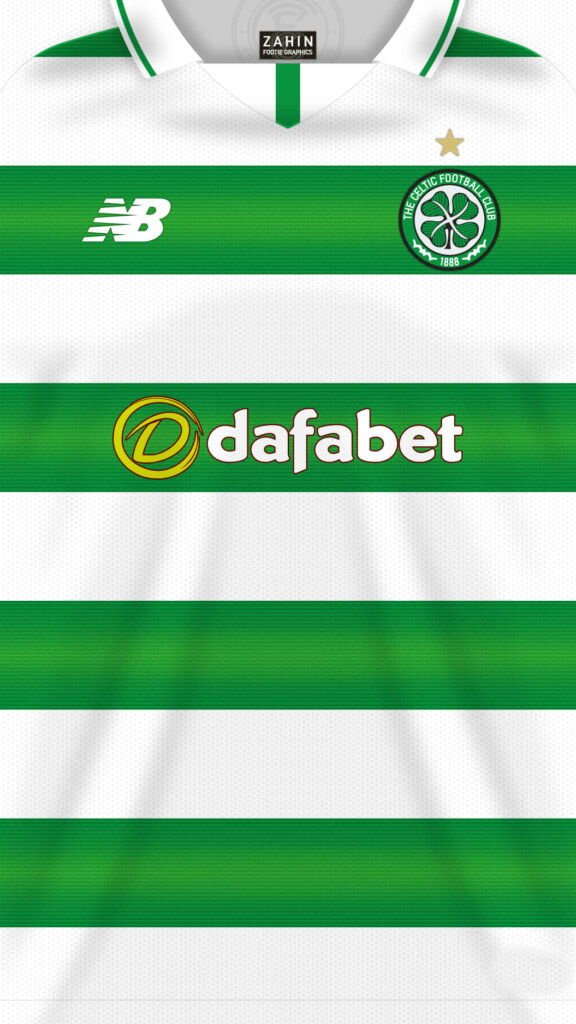Celtic FC home jersey wallpaper with green white hoops club crest sponsor star background
