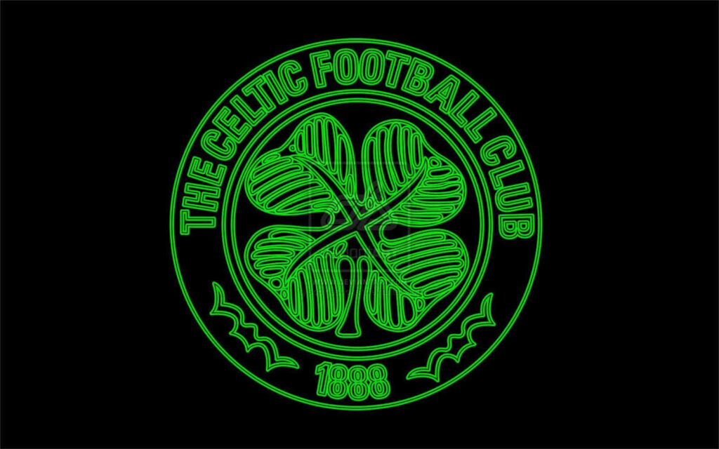 Celtic FC neon green crest with four leaf clover and 1888 on sleek black wallpaper background