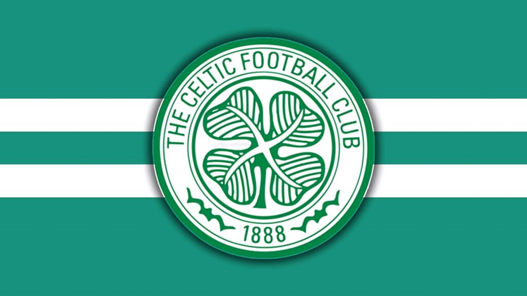Celtic FC wallpaper with green and white crest on bold striped background showcasing club heritage
