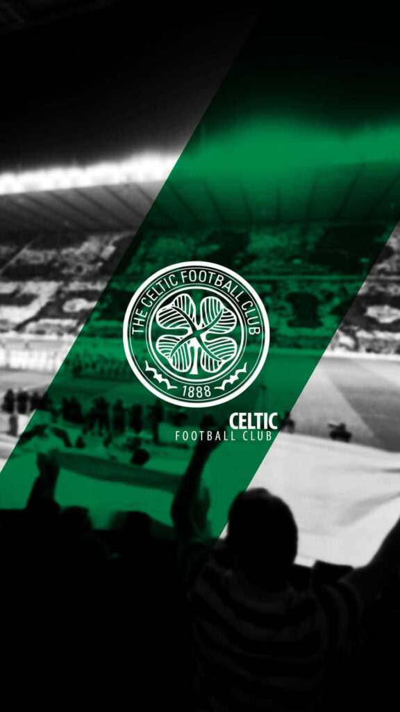 Celtic FC wallpaper with crest centered on green black backdrop and grayscale stadium fans