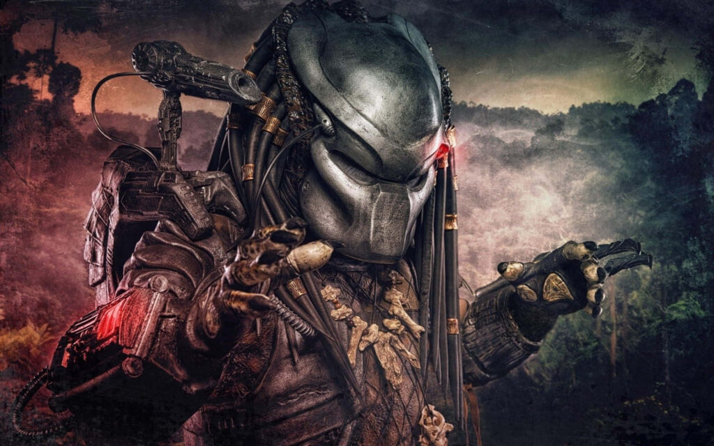 Side view of Celtic Predator from Alien Vs Predator with detailed armor and glowing red eyes Wallpaper