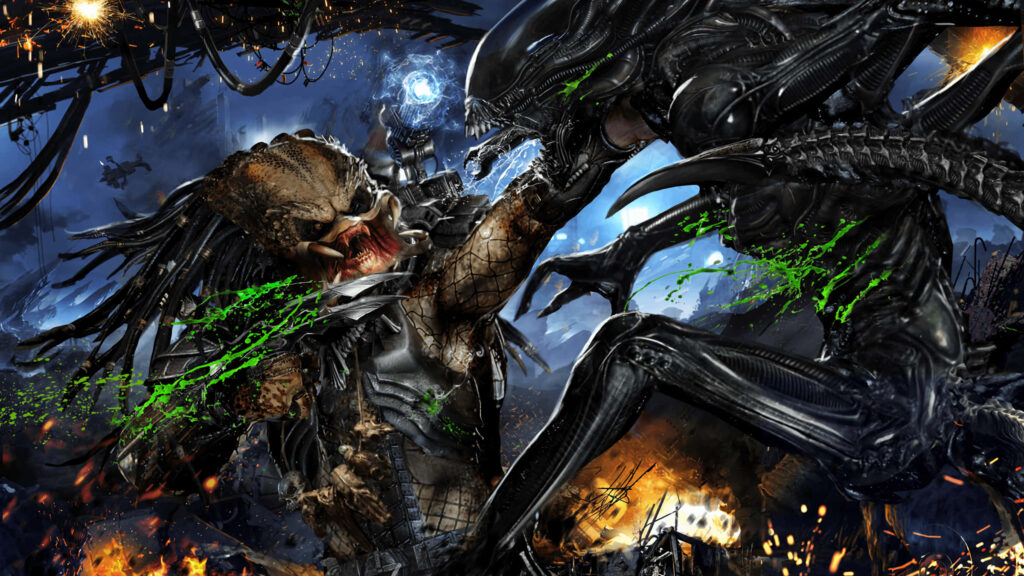 Celtic Predator punches Xenomorph Grid in intense Alien Vs Predator battle with sci-fi wallpaper background