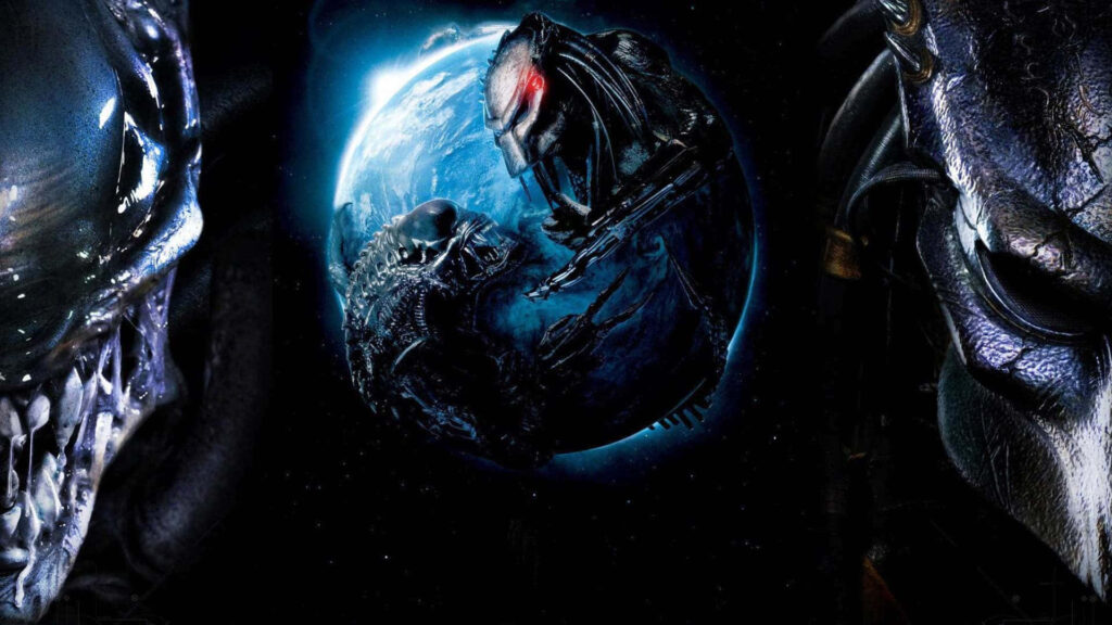 Close-up of Celtic Predator and Grid Alien faces from Alien Vs Predator with Earth backdrop wallpaper