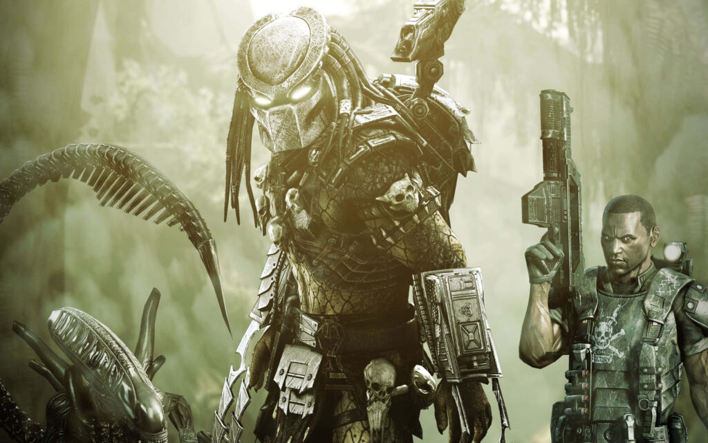 Celtic Predator and armed Max in misty jungle intense Alien vs Predator wallpaper background