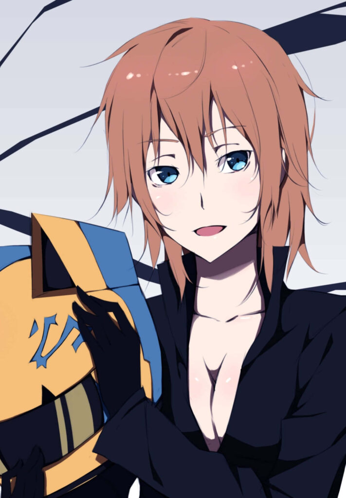 Celty Sturluson anime wallpaper holding yellow helmet with auburn hair blue eyes black bodysuit