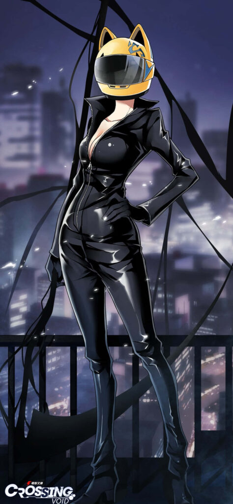 Celty Sturluson in black leather suit and cat helmet on city rooftop with cyber-noir nightscape Wallpaper