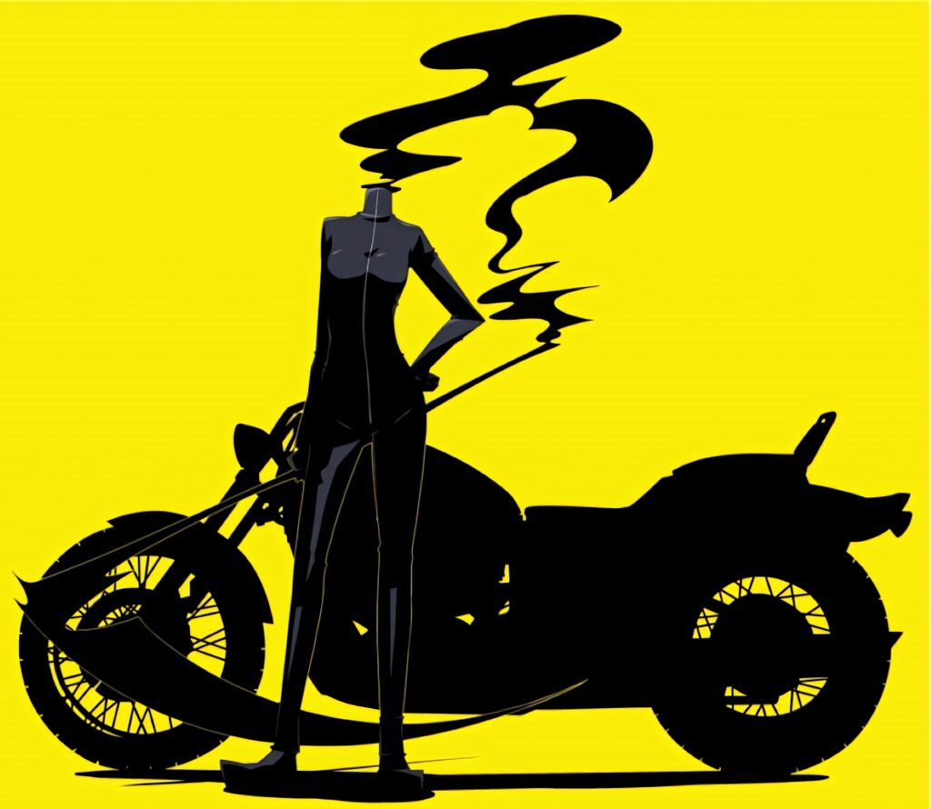 Celty Sturluson headless in black catsuit with scythe and motorcycle on vibrant yellow background Wallpaper