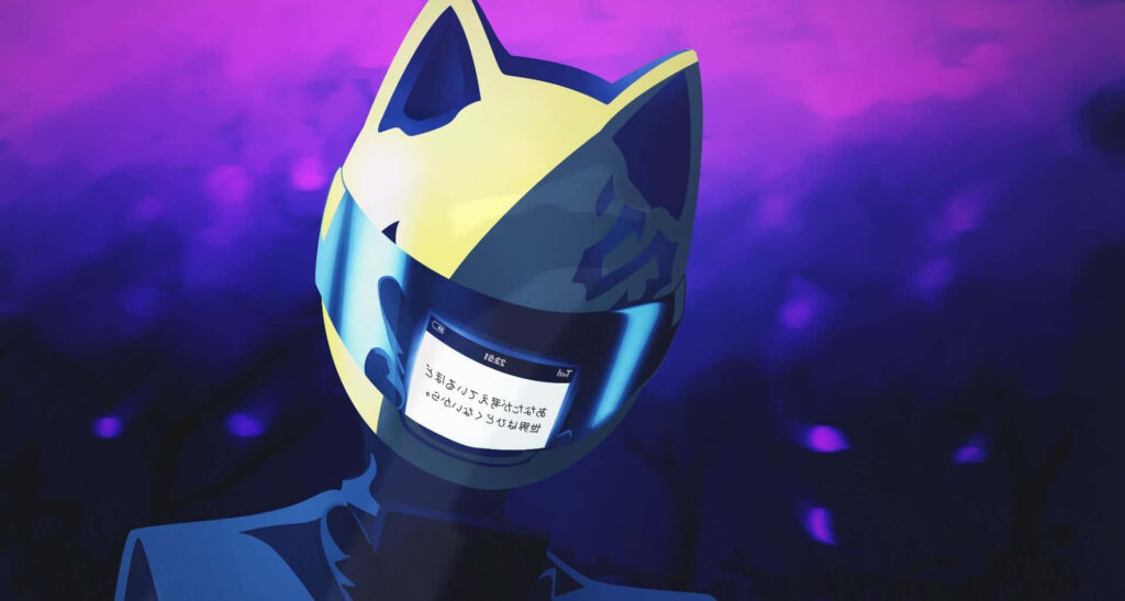 Celty Sturluson in yellow cat-eared helmet purple blue neon cyberpunk anime wallpaper background