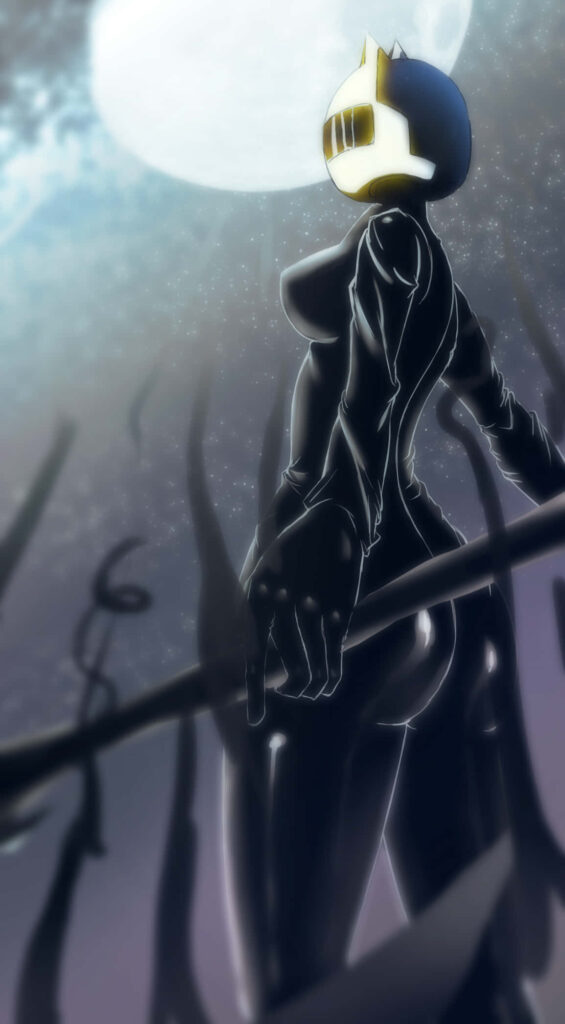 Celty Sturluson in black bodysuit and helmet under glowing full moon in misty forest wallpaper
