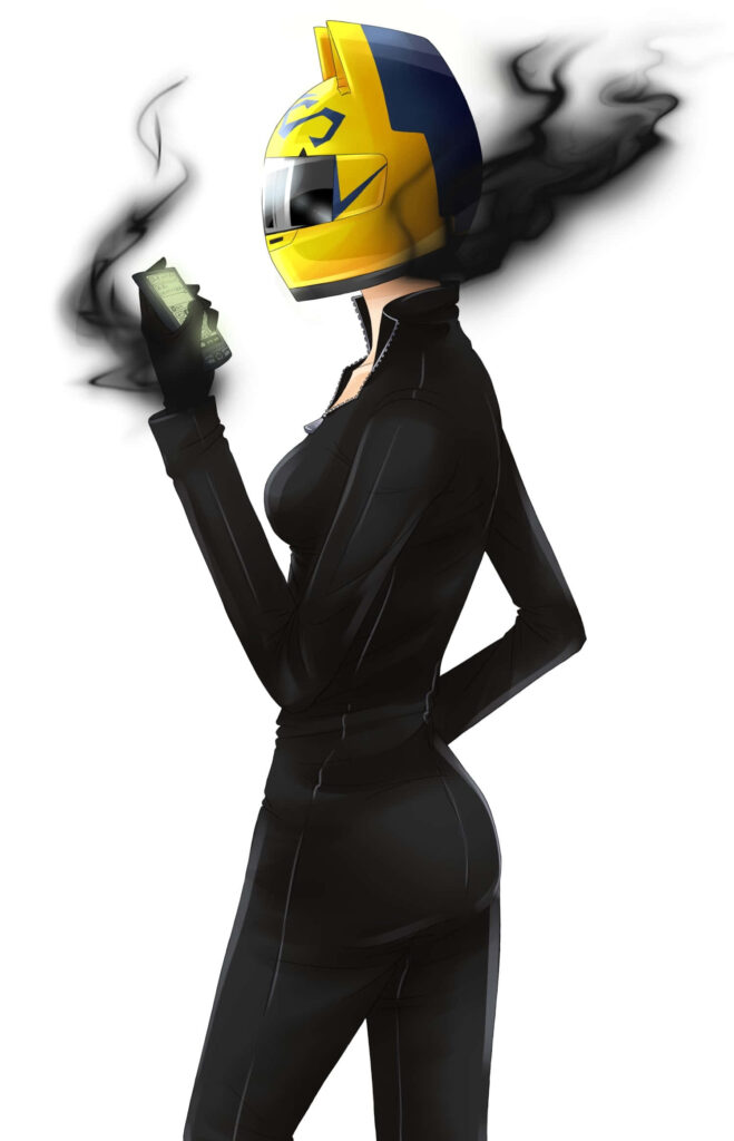 Celty Sturluson headless rider in black suit yellow helmet with black smoke on white background wallpaper