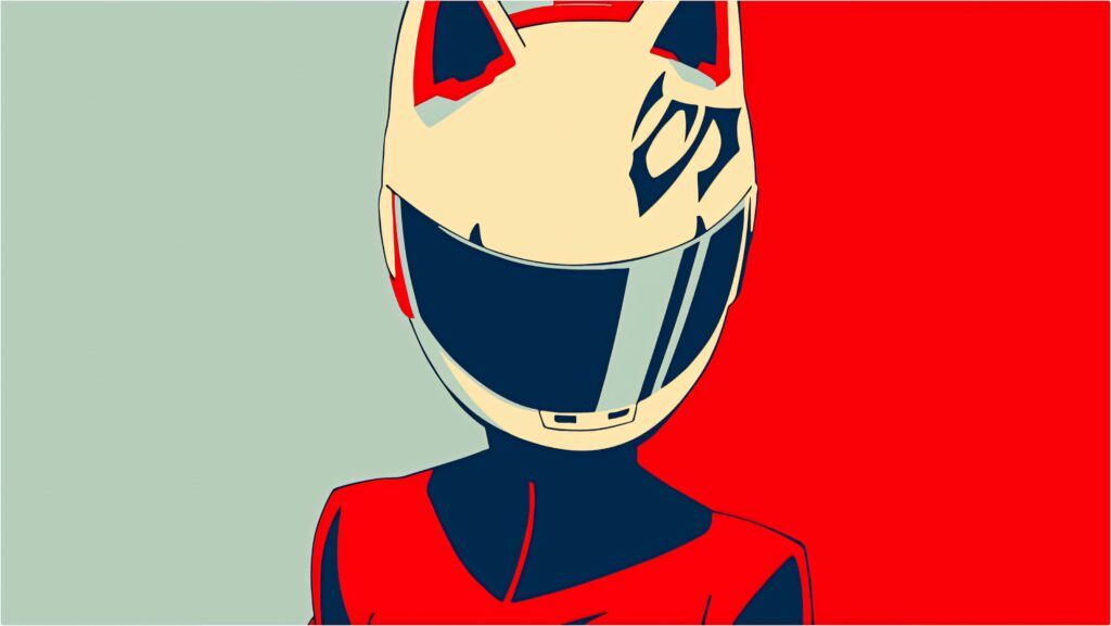 Celty Sturluson minimalist pop art wallpaper with cat-eared helmet on red and green background