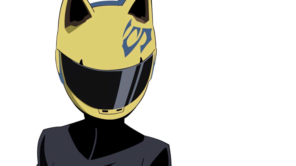 Celty Sturluson minimalist wallpaper with yellow cat helmet and dark visor on white background