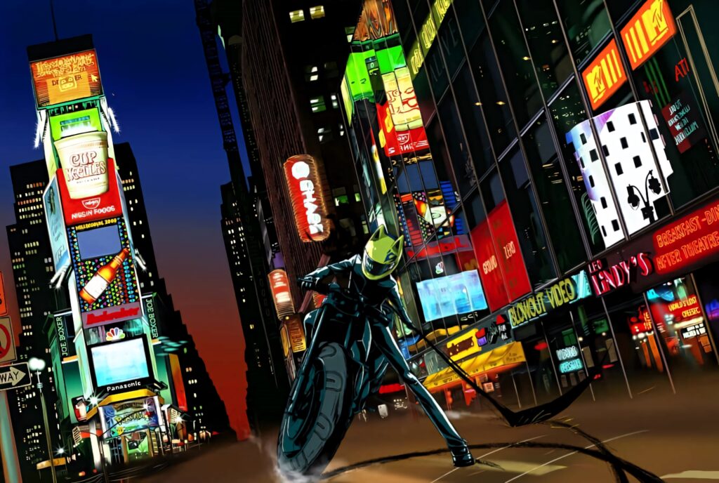 Celty Sturluson speeding through neon cityscape at dusk wearing black outfit and yellow helmet Wallpaper