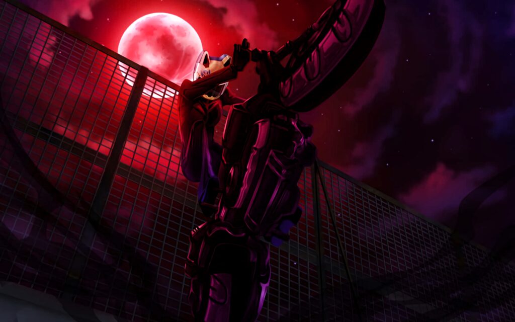 Celty Sturluson under red moon in black suit with headless silhouette and dark cloudy sky wallpaper