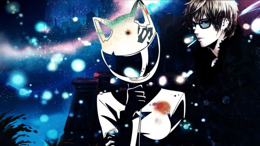 Celty Sturluson in cat-eared helmet and Shizuo Heiwajima with sunglasses in cosmic anime wallpaper