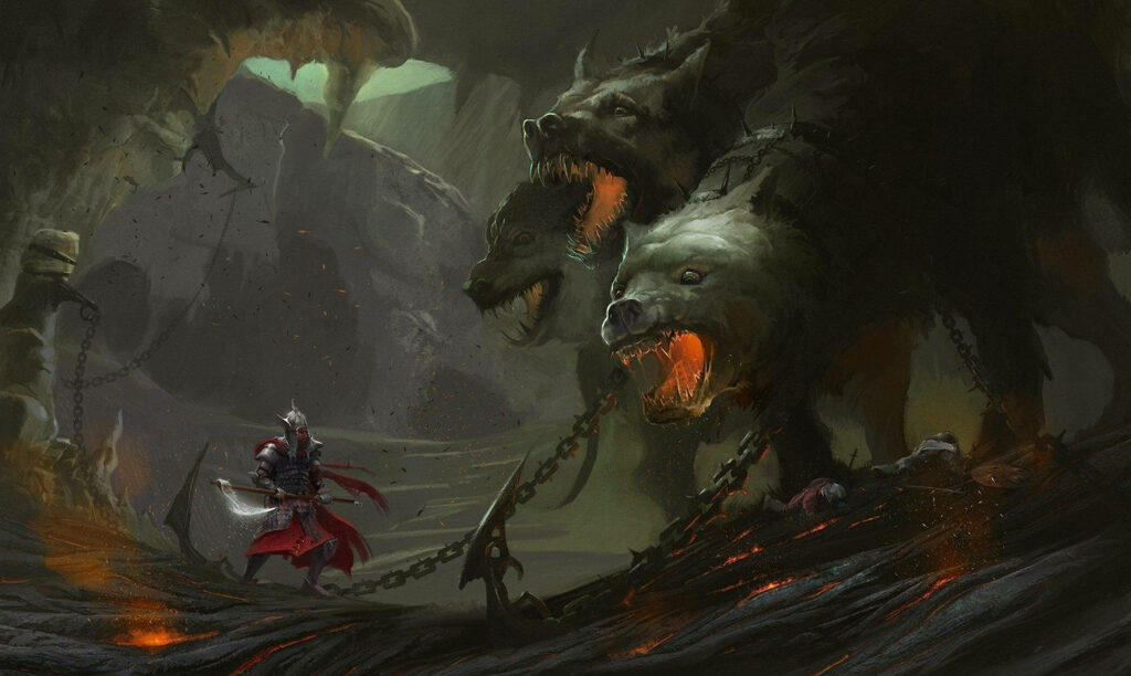 Cerberus three-headed hound chained in lava cave confronting armored warrior dark fantasy art Wallpaper