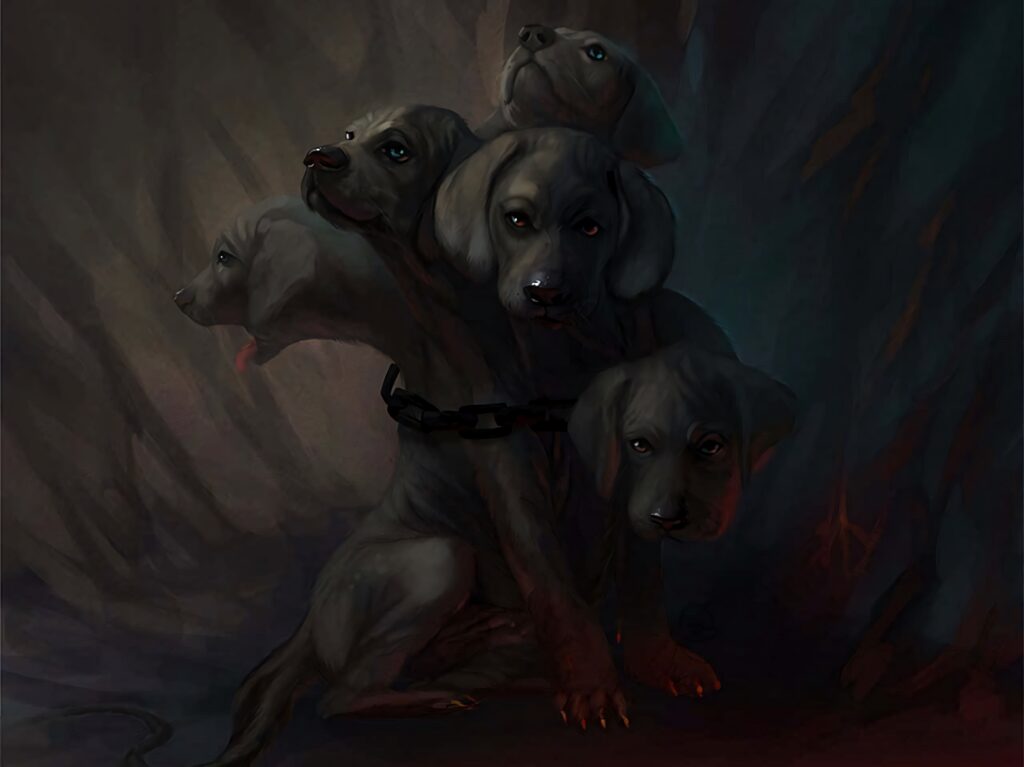 Dark fantasy wallpaper of Cerberus three-headed dog in shadowy cave with dramatic red lighting