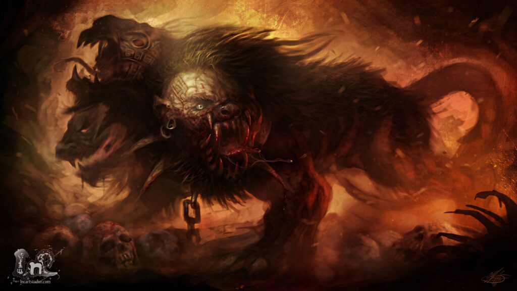 Cerberus three-headed beast with glowing eyes in fiery skull landscape digital fantasy art wallpaper