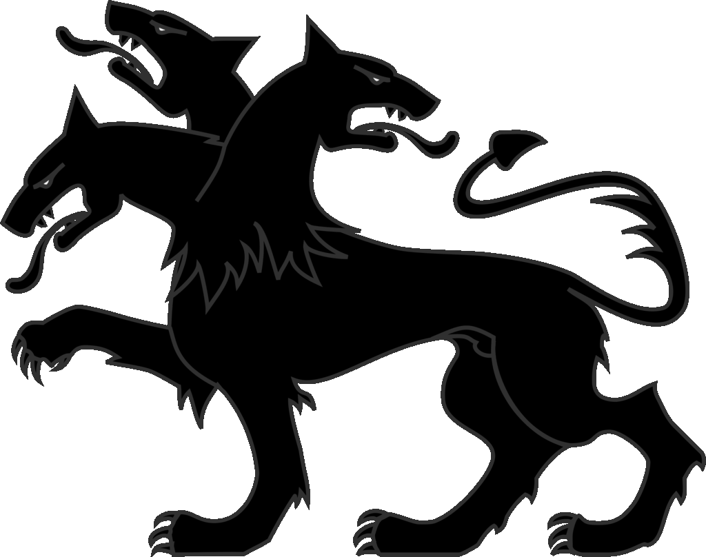 Minimalist Cerberus three-headed dog line art wallpaper with black background and fierce eyes