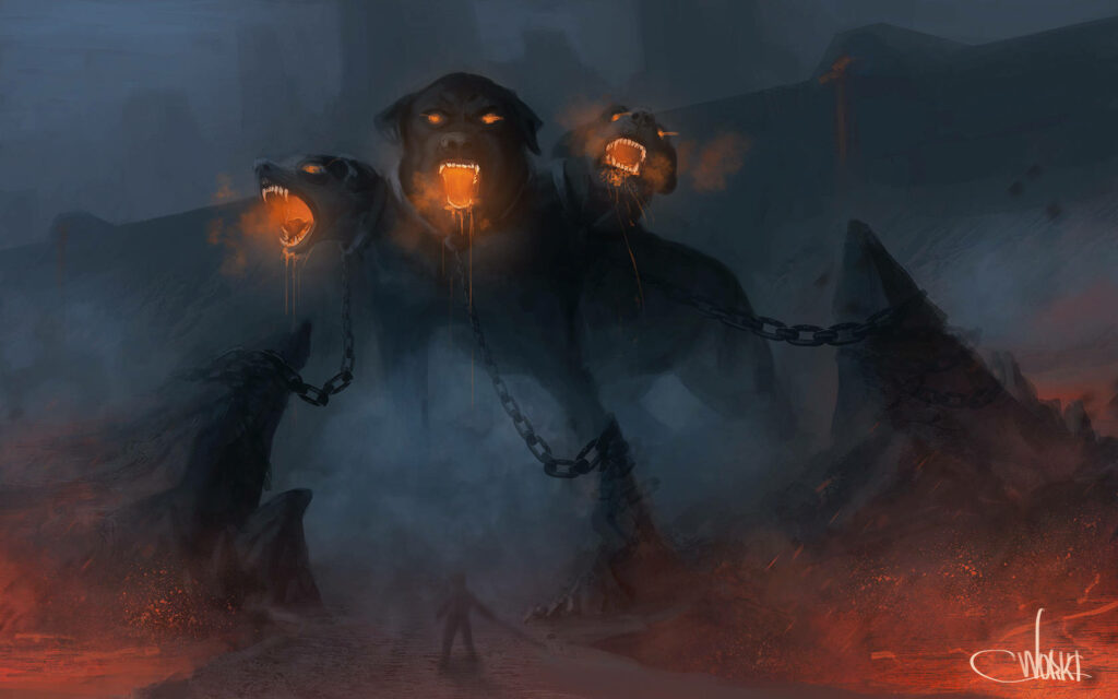 Menacing three-headed Cerberus with glowing molten eyes in dark fiery mythical landscape wallpaper