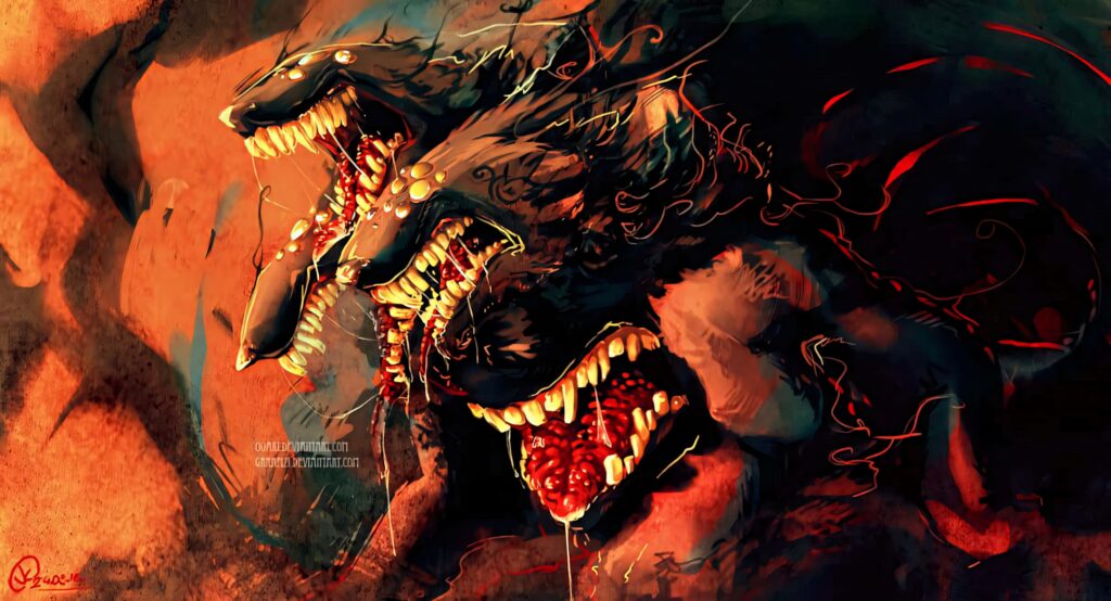 Cerberus three-headed dog wallpaper fiery reds intense fantasy creature glowing eyes background