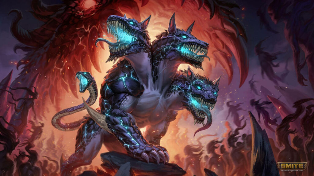 Cerberus from SMITE with three armored heads glowing blue against fiery chaotic fantasy background Wallpaper