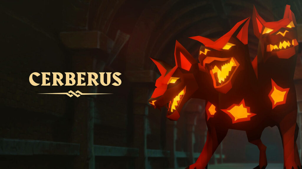 Cerberus three-headed dog glowing fiery orange yellow digital art mythical wallpaper background