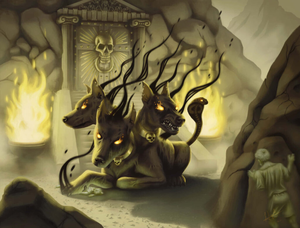 Cerberus three-headed dog guarding fiery skull gate dark fantasy wallpaper background design